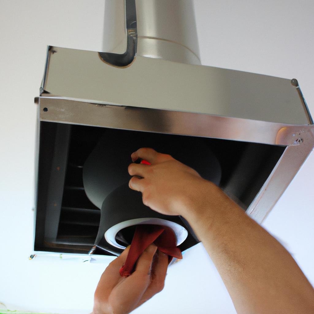 Person installing flue on stove
