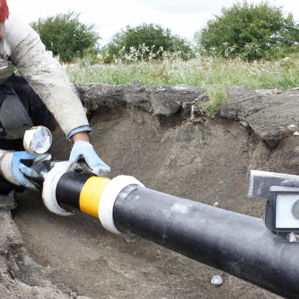 Person measuring gas pipe installation